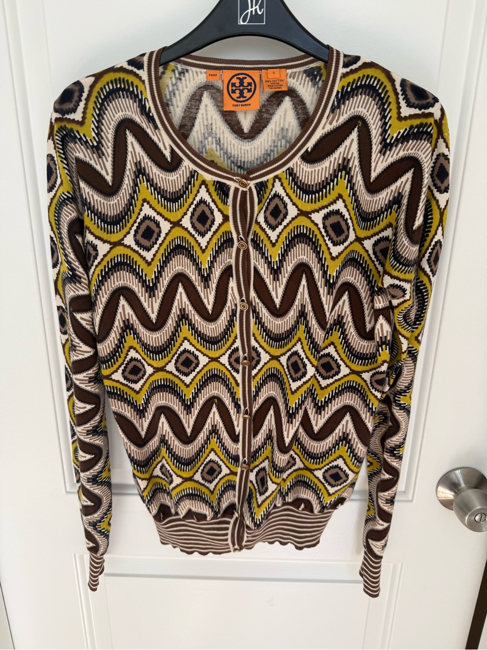 Tory Burch Brown, Yellow & Cream Geometric Wave Cardigan